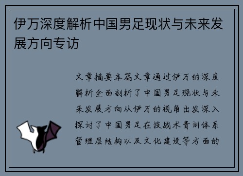 伊万深度解析中国男足现状与未来发展方向专访