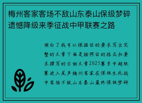 梅州客家客场不敌山东泰山保级梦碎遗憾降级来季征战中甲联赛之路